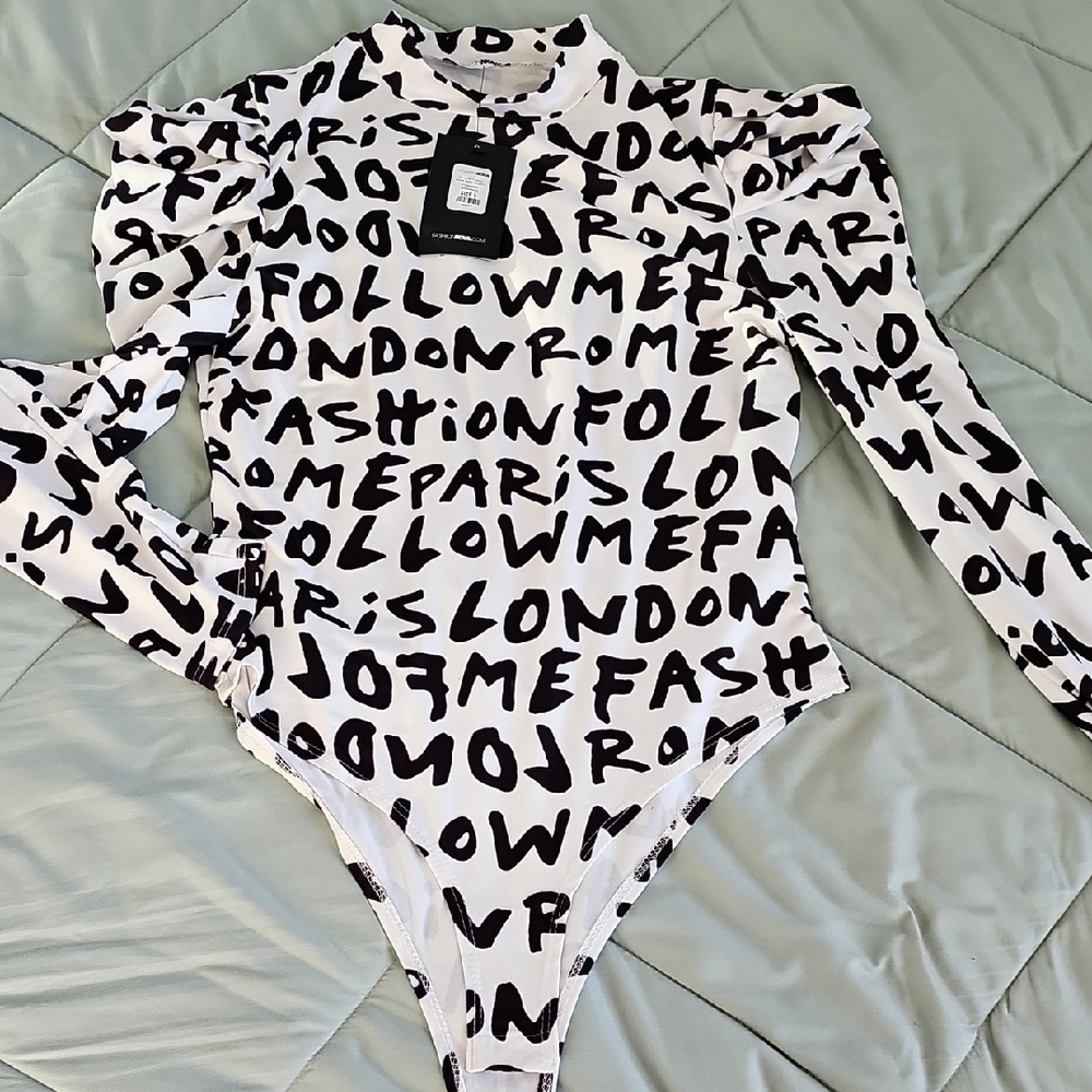 Fashion Nova White and Black Mock Bodysuit